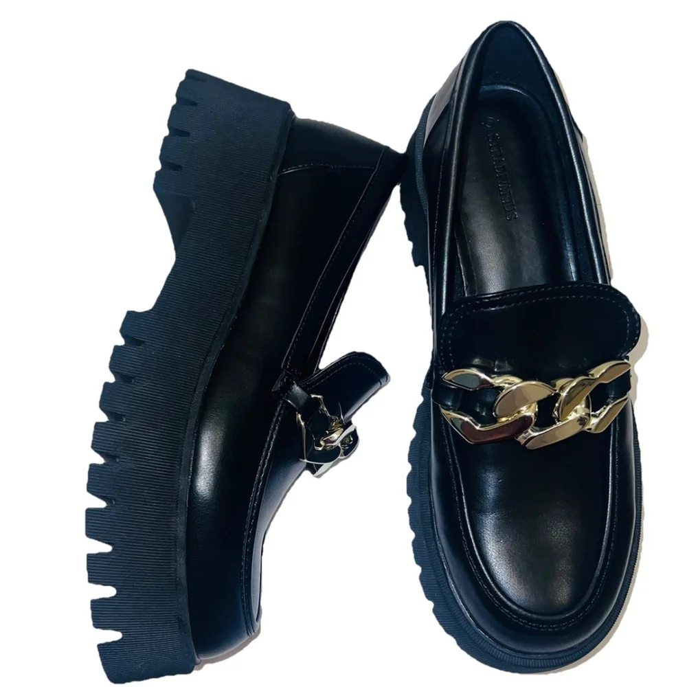 Stradivarius Chunky Lug Sole Loafers Black Gold Chain Platform EU 39/ US 8.5 - Picture 4 of 9